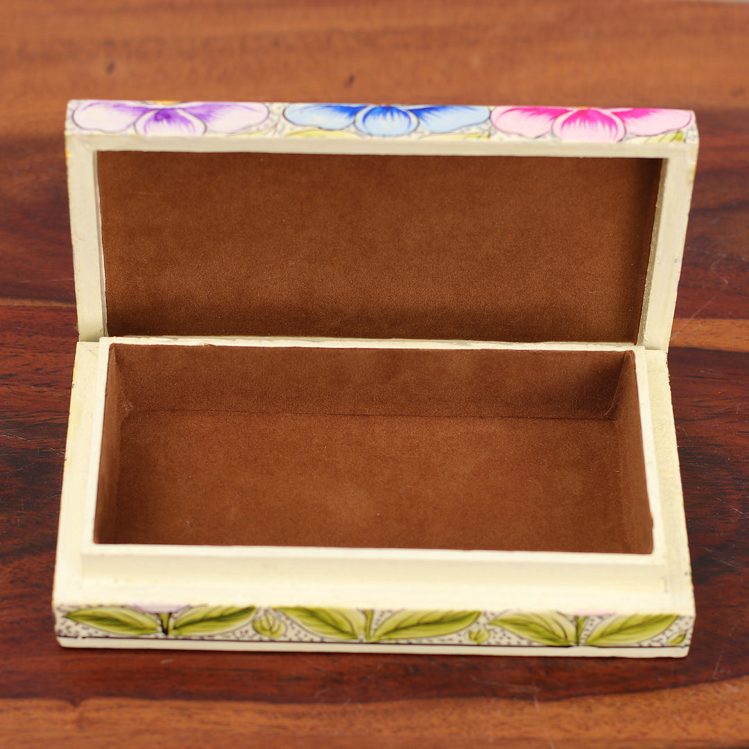 Floral Leaf Bird-Themed Papier Mache on Wood Decorative Box - Blooming Kashmir