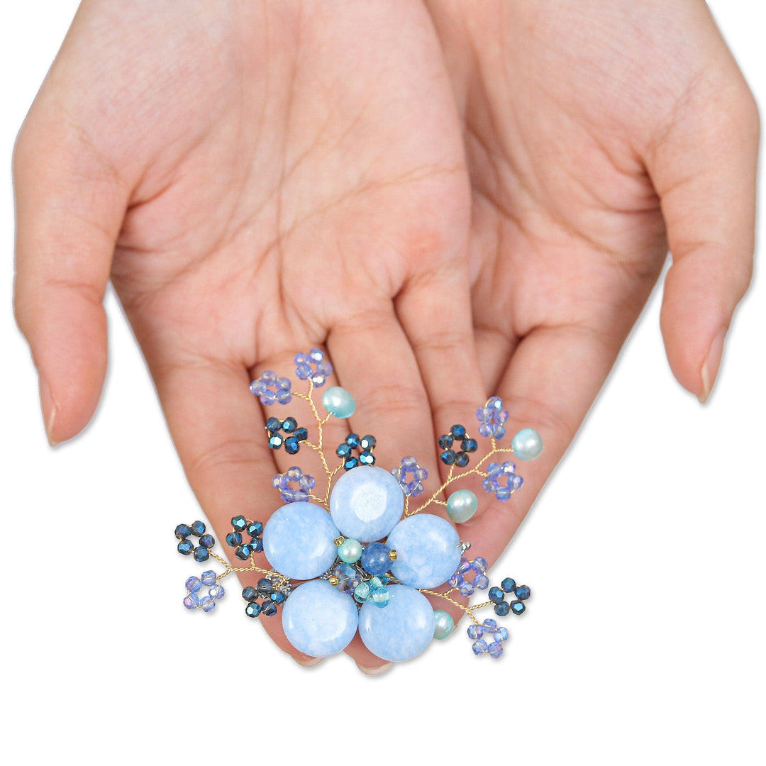 Flower-Shaped Blue Cultured Pearl and Quartz Brooch Pin - Petals of Wisdom
