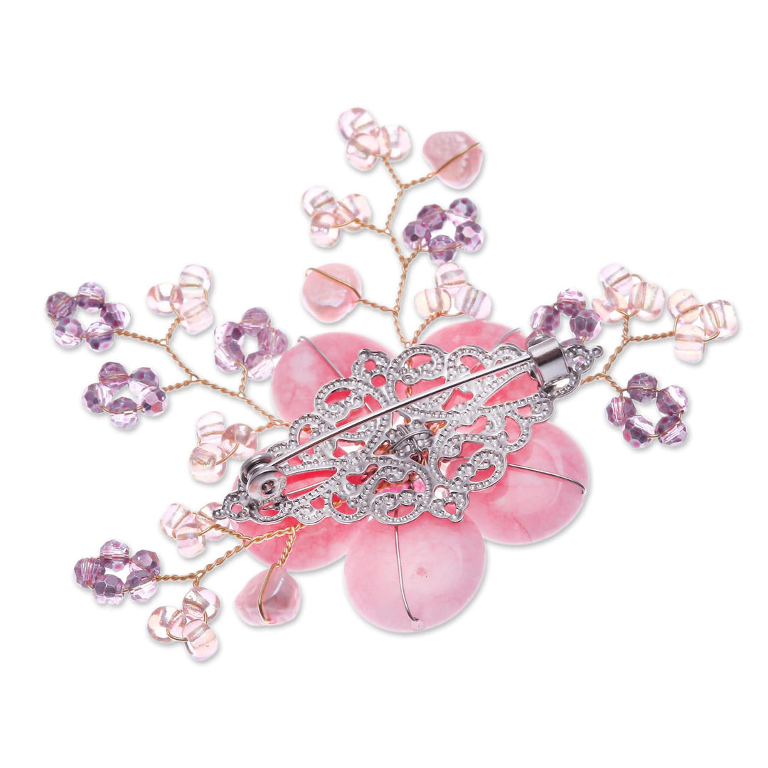 Flower-Shaped Pink Cultured Pearl and Quartz Brooch Pin - Petals of Compassion