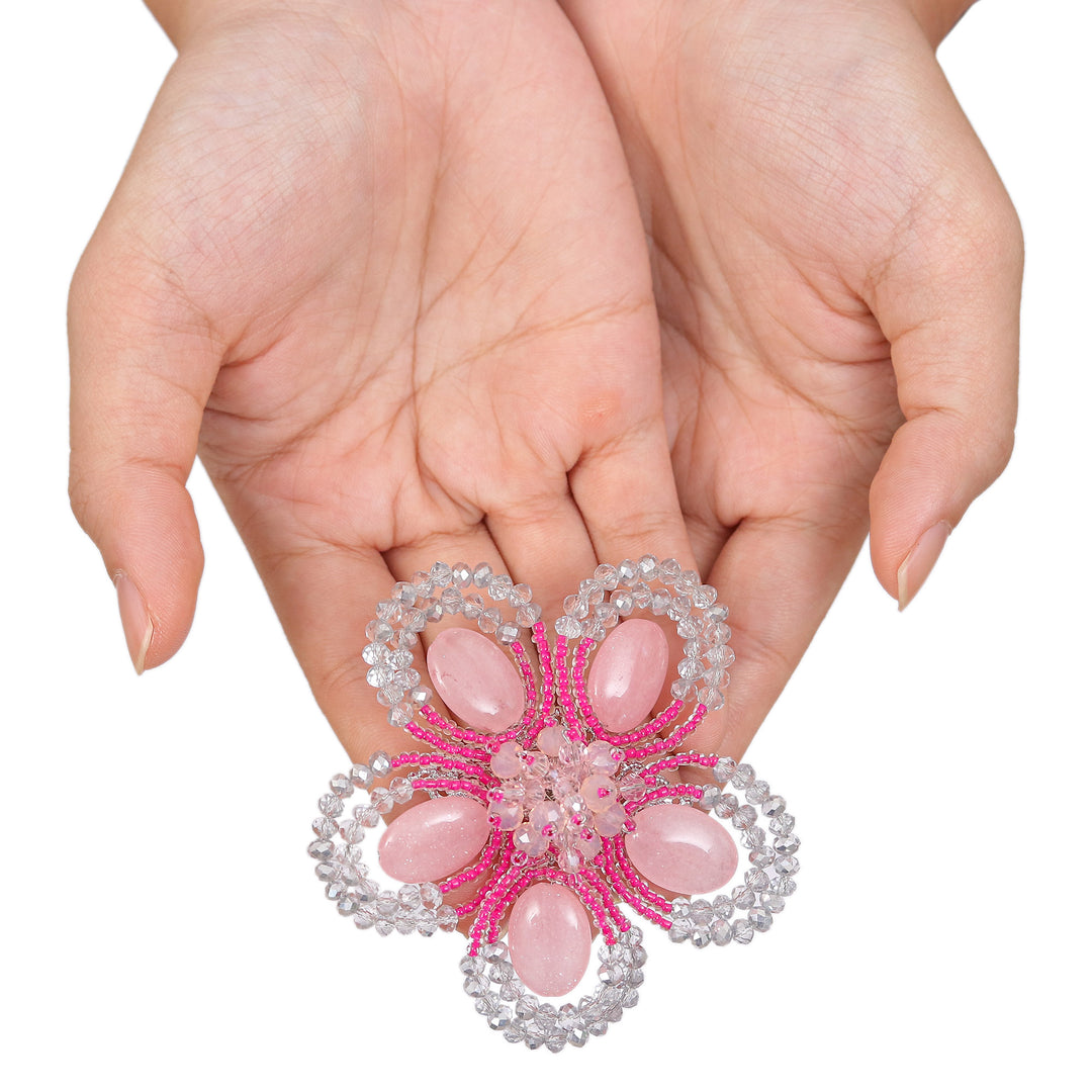 Handcrafted Floral Pink Quartz and Glass Beaded Brooch Pin - Spring in Tenderness