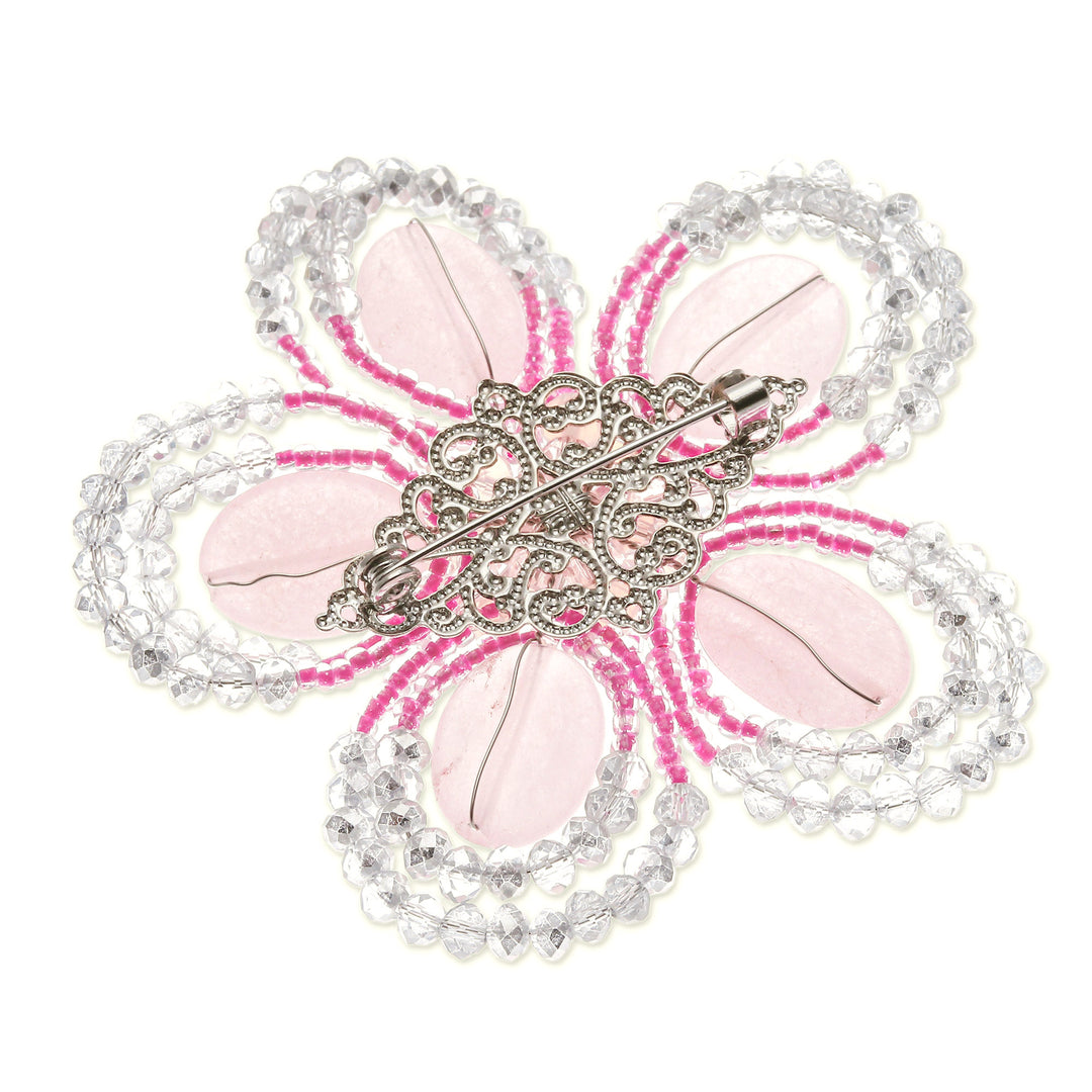 Handcrafted Floral Pink Quartz and Glass Beaded Brooch Pin - Spring in Tenderness