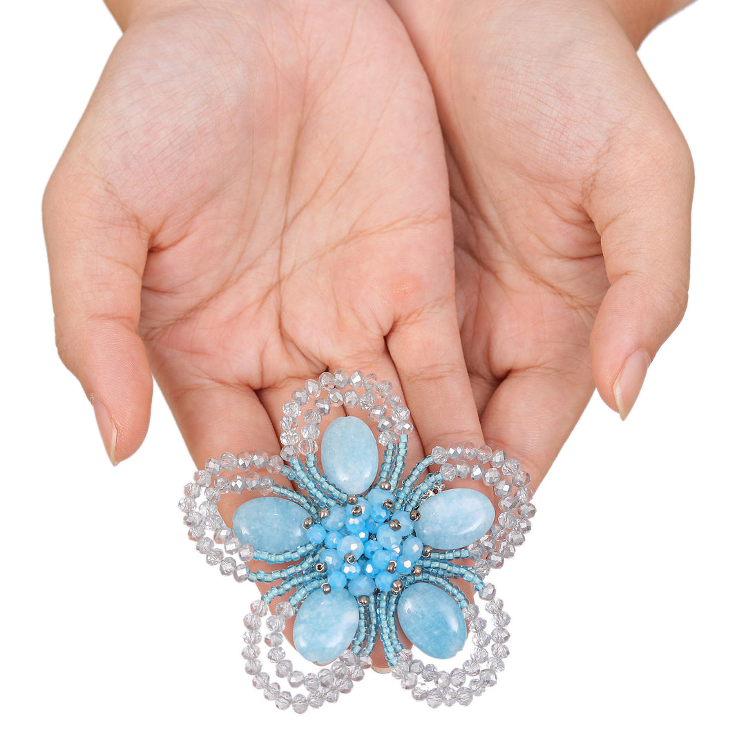 Handcrafted Floral Blue Quartz and Glass Beaded Brooch Pin - Spring in Serenity
