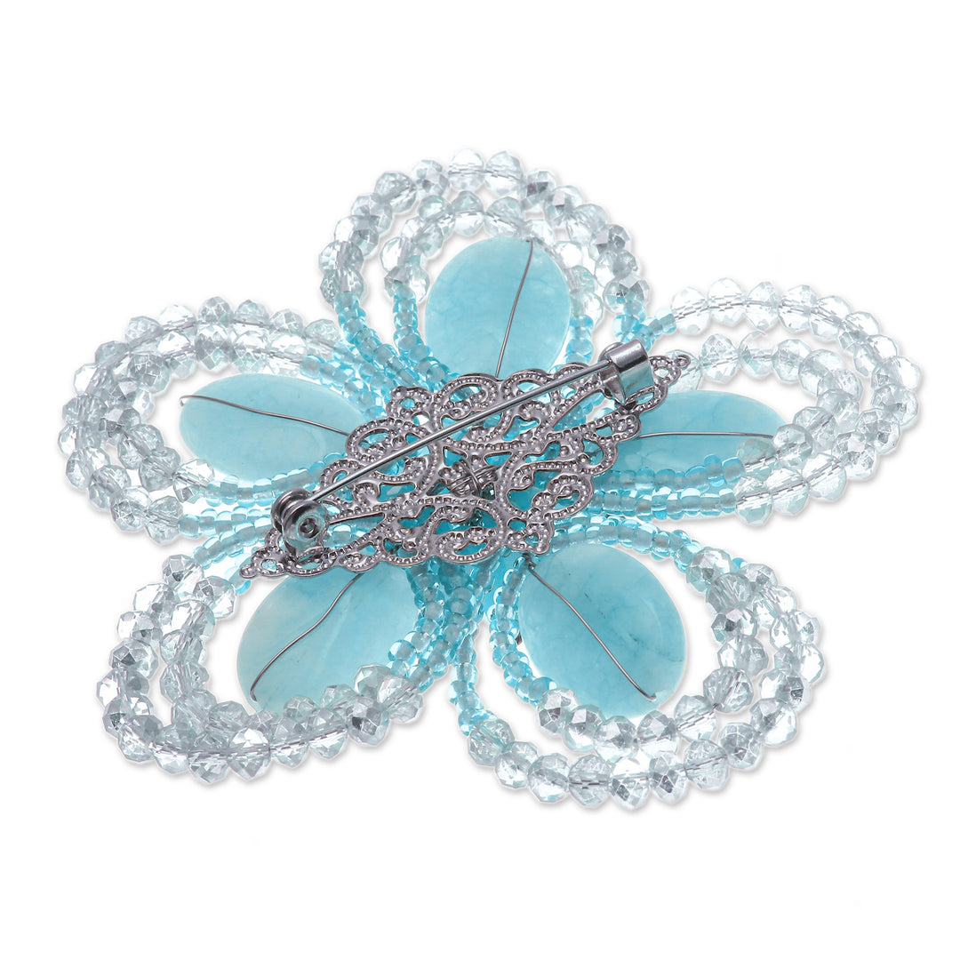 Handcrafted Floral Blue Quartz and Glass Beaded Brooch Pin - Spring in Serenity