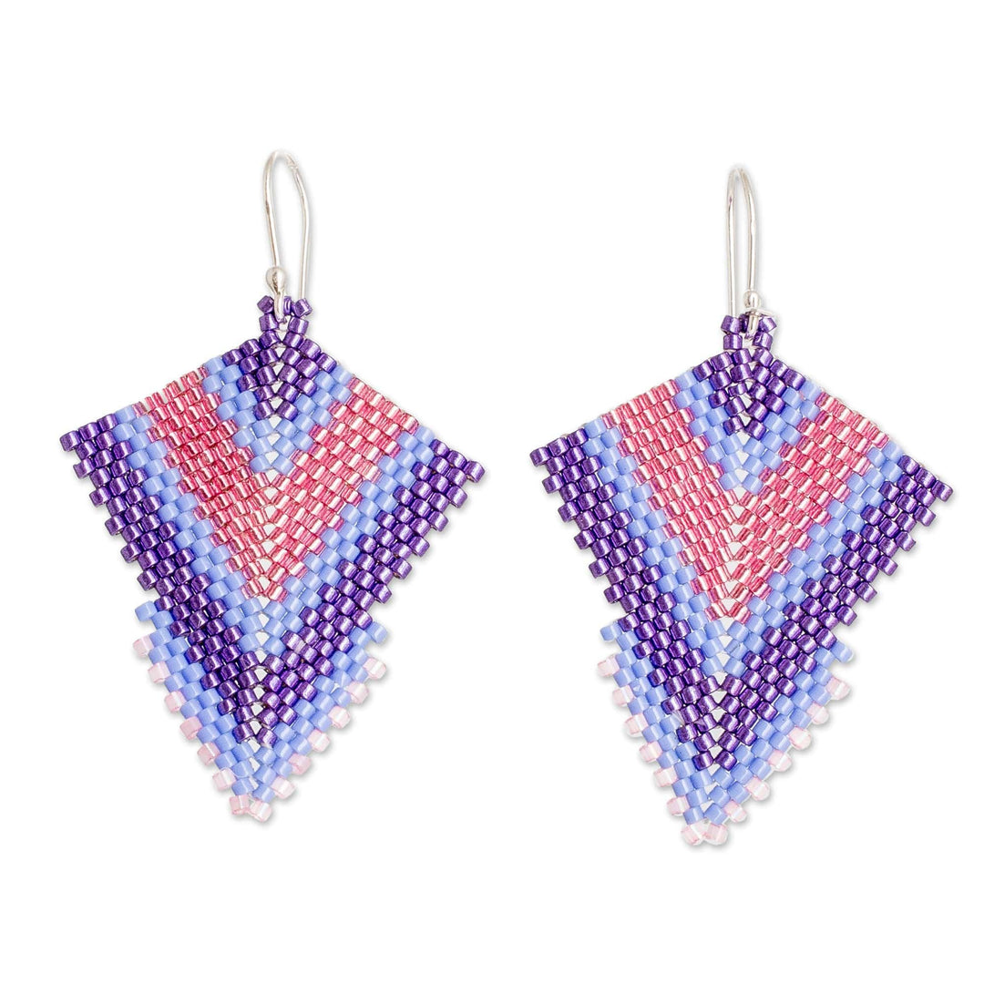 Handcrafted Purple and Pink Glass Beaded Dangle Earrings - Purple Signals