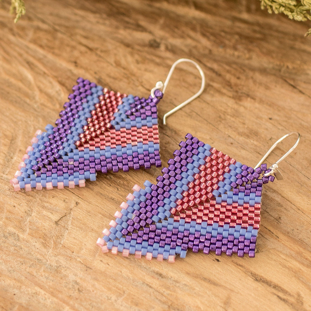 Handcrafted Purple and Pink Glass Beaded Dangle Earrings - Purple Signals