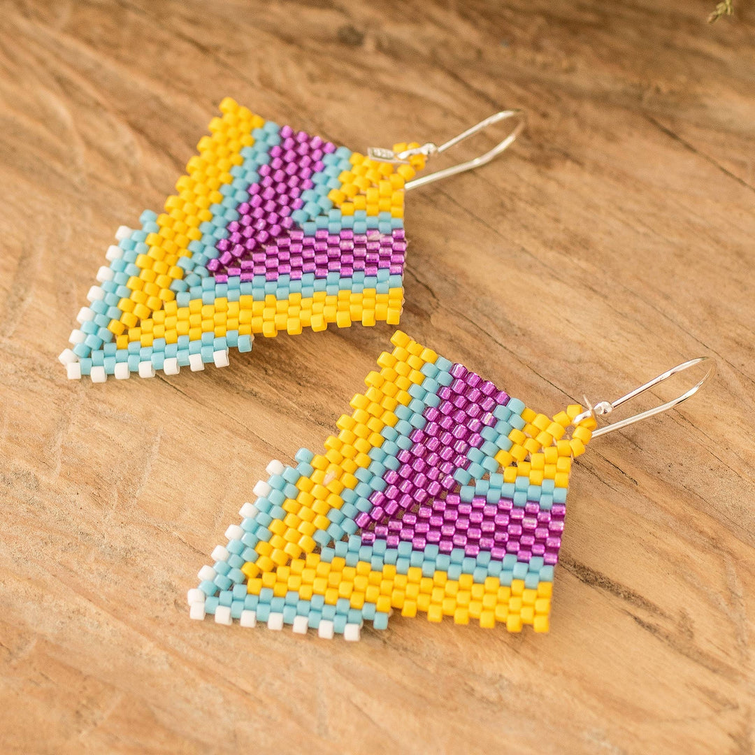 Handcrafted Yellow and Pink Glass Beaded Dangle Earrings - Bold Signals