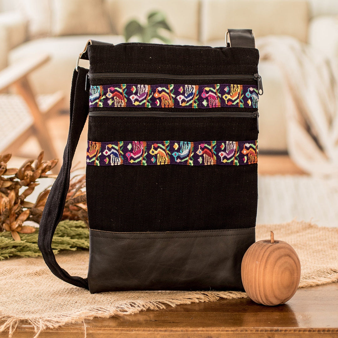 Bird-Themed Leather-Accented Cotton Sling Bag in Black - Avian Night