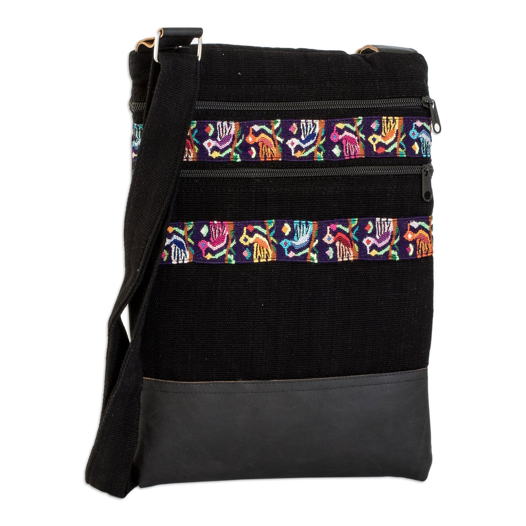 Bird-Themed Leather-Accented Cotton Sling Bag in Black - Avian Night