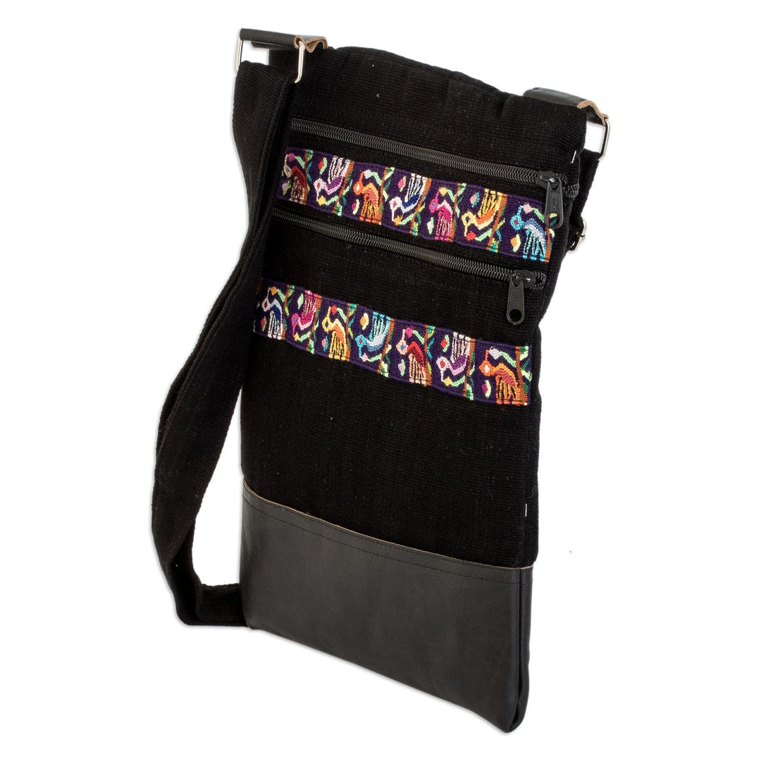 Bird-Themed Leather-Accented Cotton Sling Bag in Black - Avian Night
