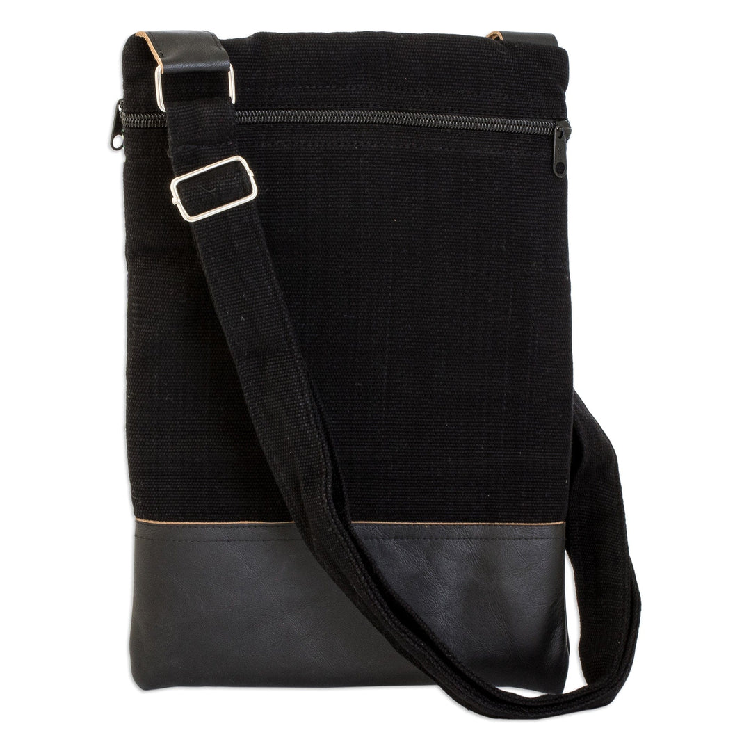 Bird-Themed Leather-Accented Cotton Sling Bag in Black - Avian Night