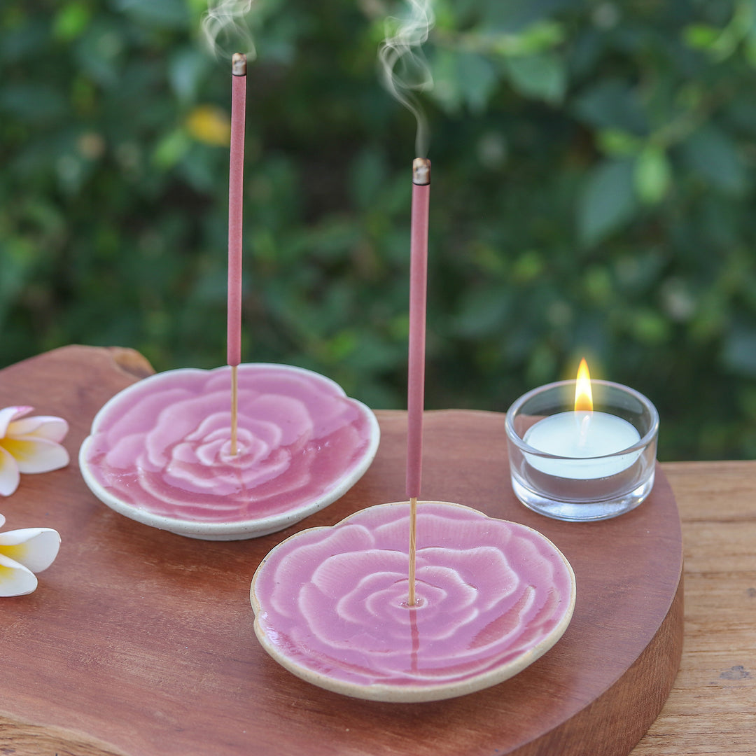 Handcrafted Rose-Shaped Pink Ceramic Incense Holders (Pair) - Dear Pink
