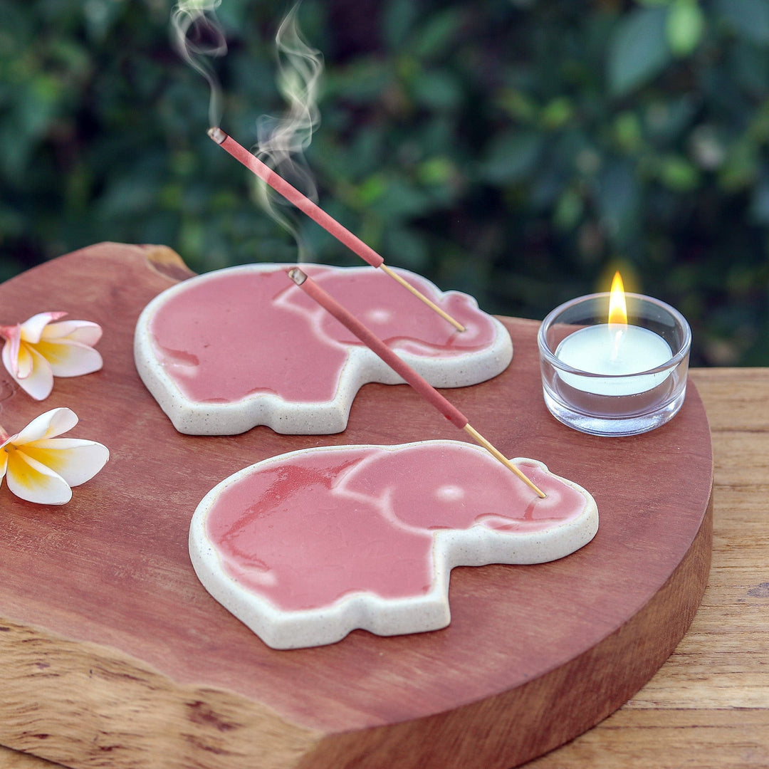 Handcrafted Elephant-Shaped Pink Incense Holders (Pair) - Pink Elephant
