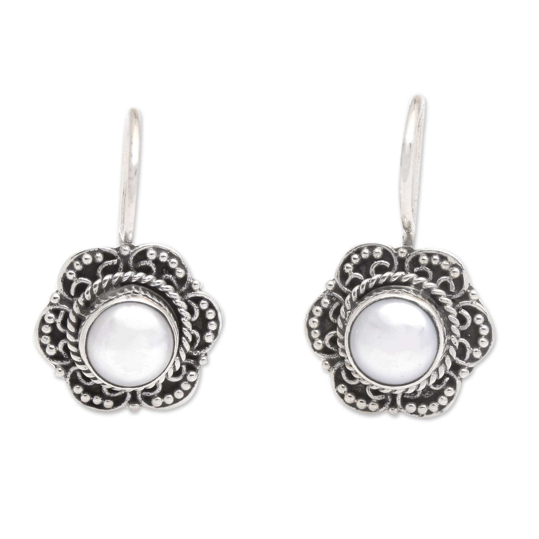 Floral Sterling Silver Drop Earrings with Cultured Pearls - Iridescent Flower