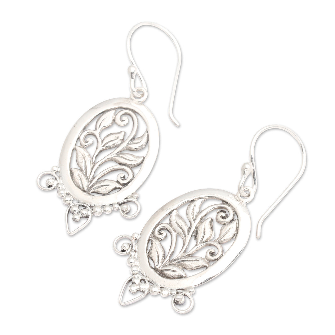 High-Polished Oval Leafy Sterling Silver Dangle Earrings - Eden Blooms
