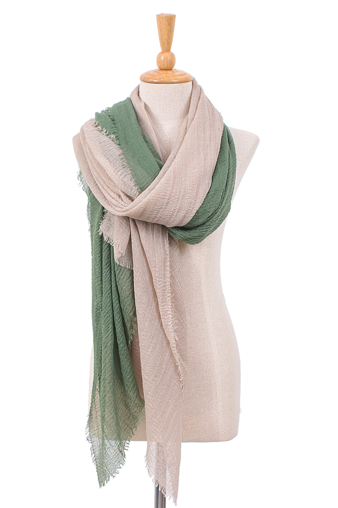 Two Hand-Woven Lightweight Cotton Scarves in Green and Ivory - Casual Flair