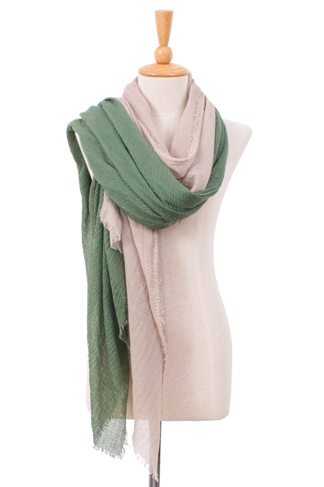 Two Hand-Woven Lightweight Cotton Scarves in Green and Ivory - Casual Flair