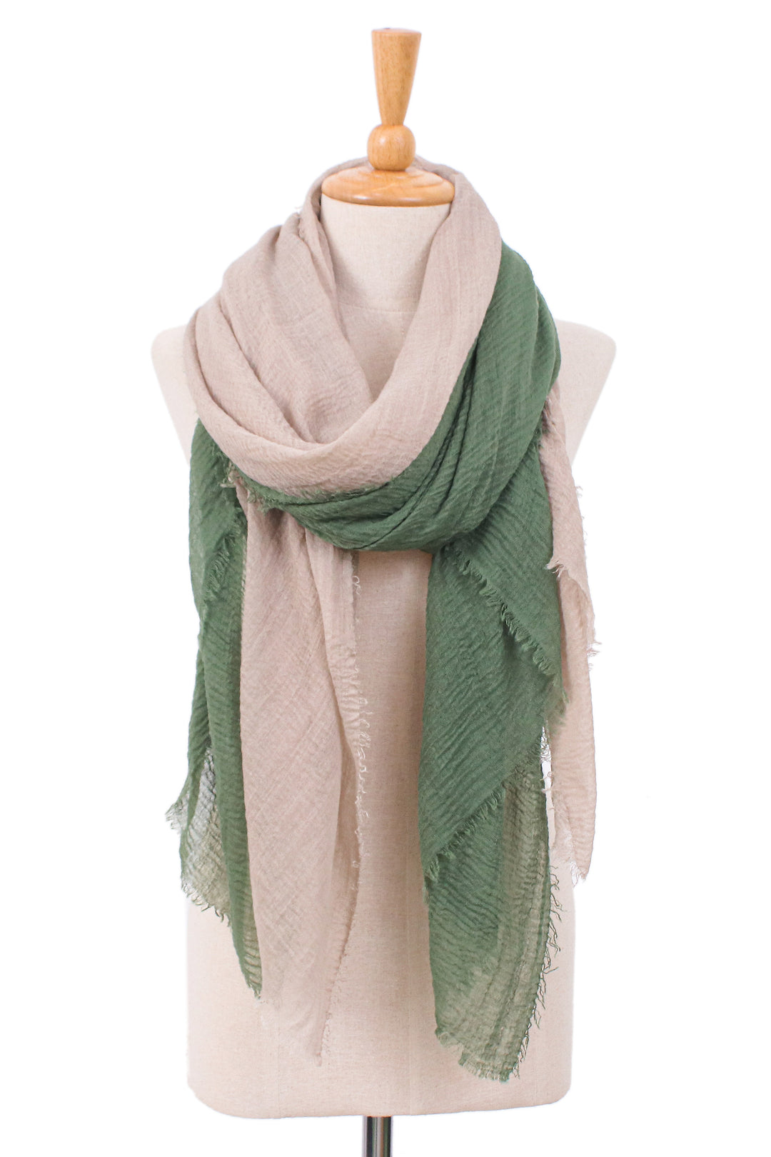 Two Hand-Woven Lightweight Cotton Scarves in Green and Ivory - Casual Flair