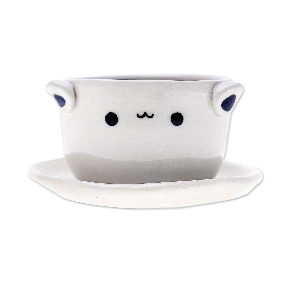 Cat-Themed Ceramic Mini Flower Pot with Saucer in Ivory - Kitty Charm