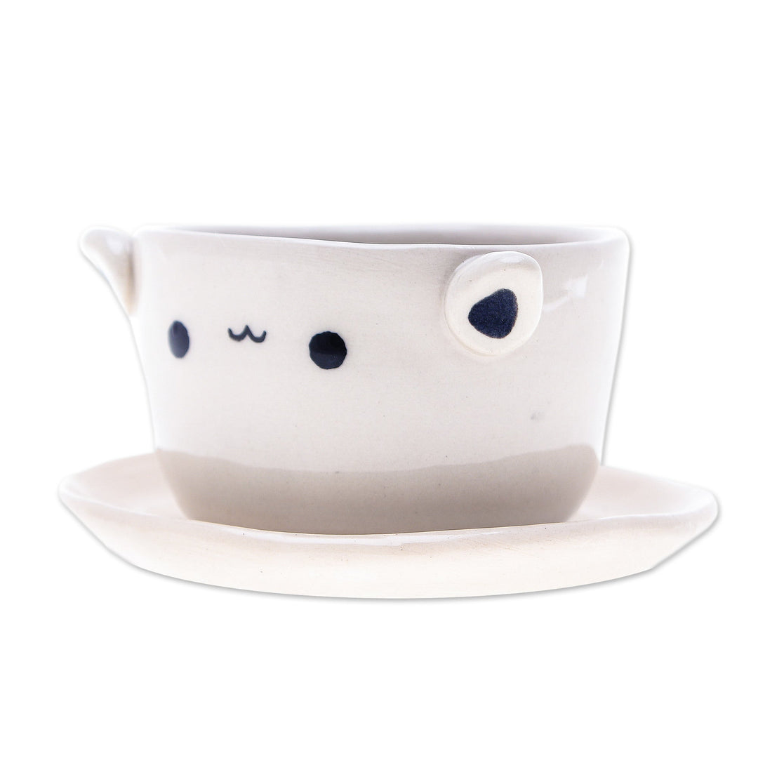 Cat-Themed Ceramic Mini Flower Pot with Saucer in Ivory - Kitty Charm