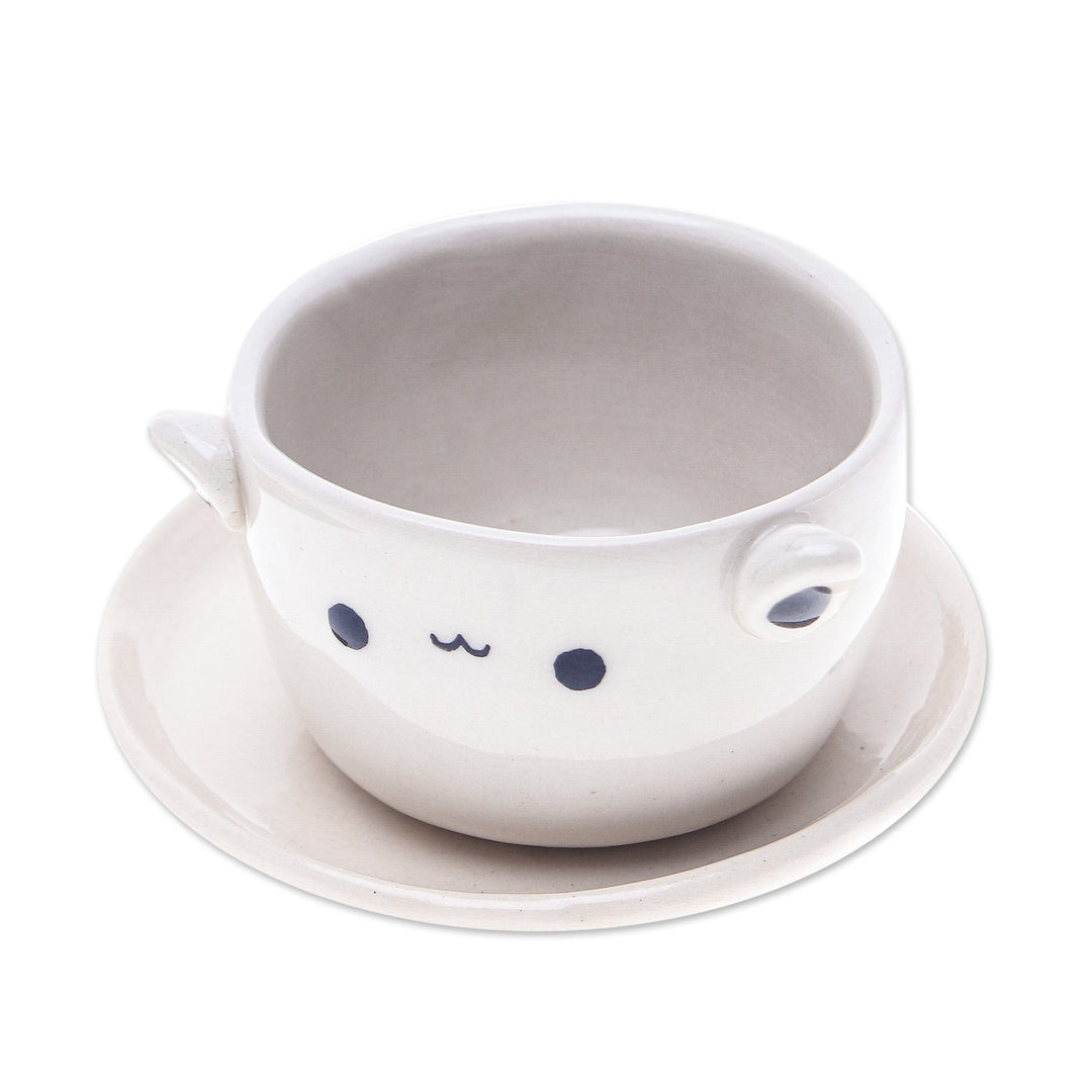 Cat-Themed Ceramic Mini Flower Pot with Saucer in Ivory - Kitty Charm