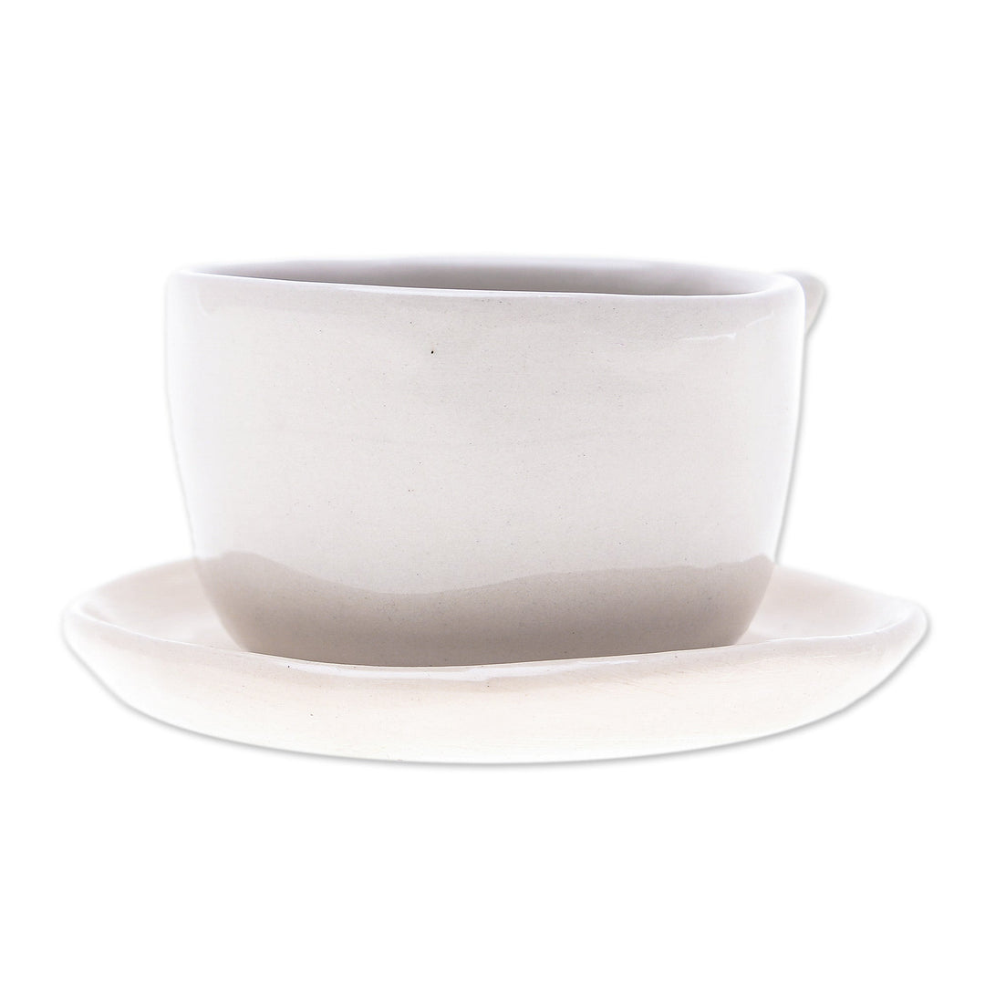 Cat-Themed Ceramic Mini Flower Pot with Saucer in Ivory - Kitty Charm