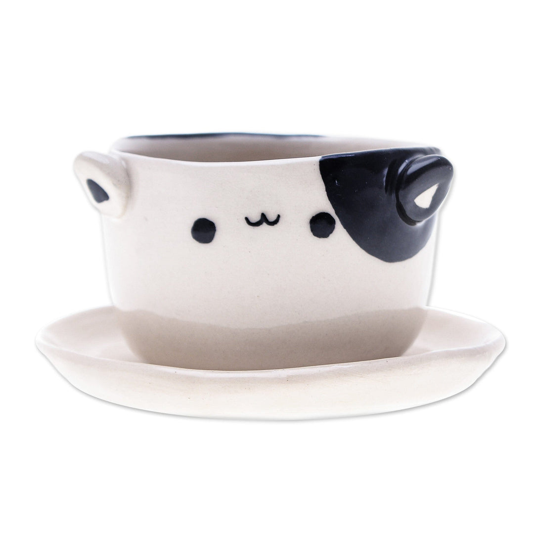 Cat-Themed Ivory Black Ceramic Mini Flower Pot with Saucer - Kitty Delight