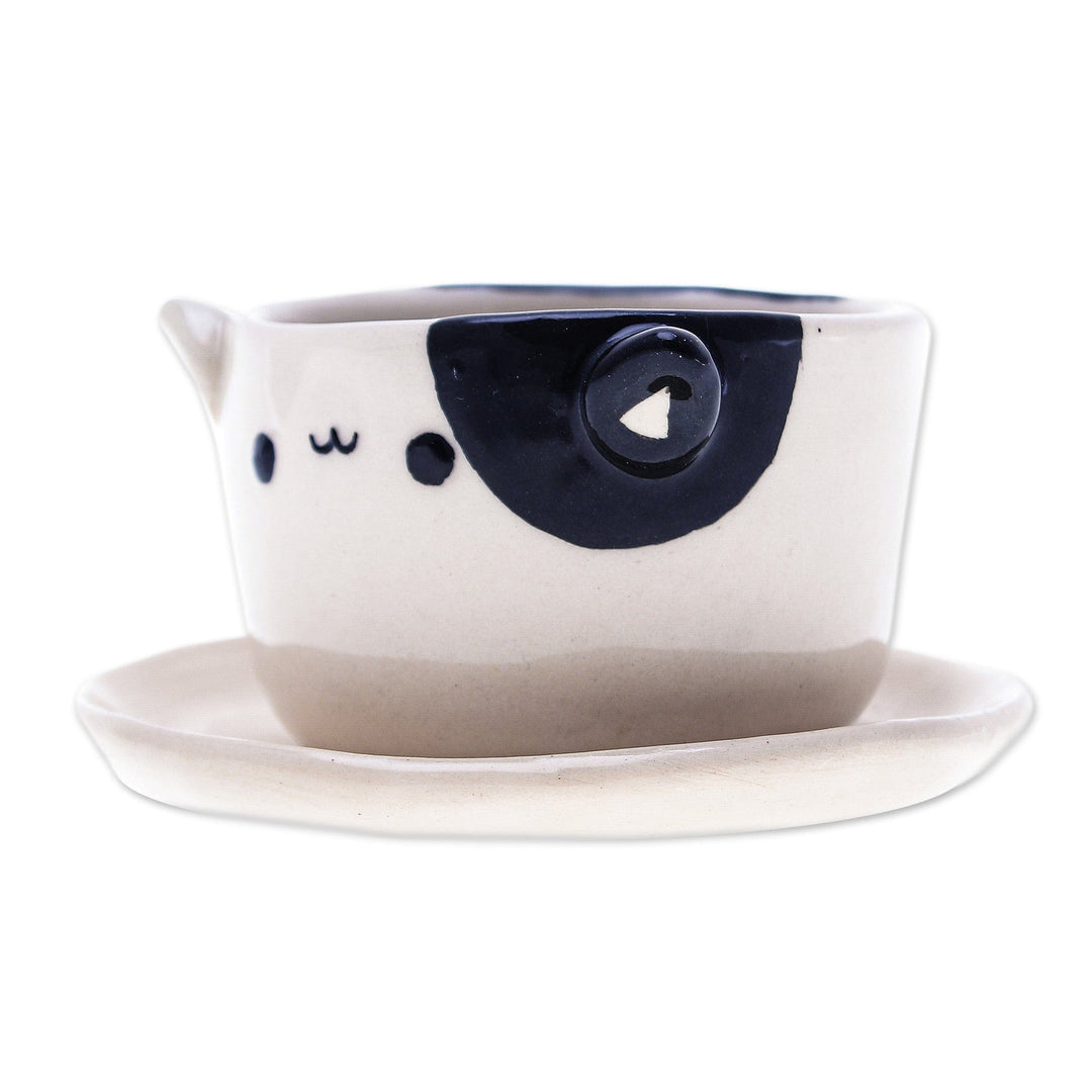 Cat-Themed Ivory Black Ceramic Mini Flower Pot with Saucer - Kitty Delight