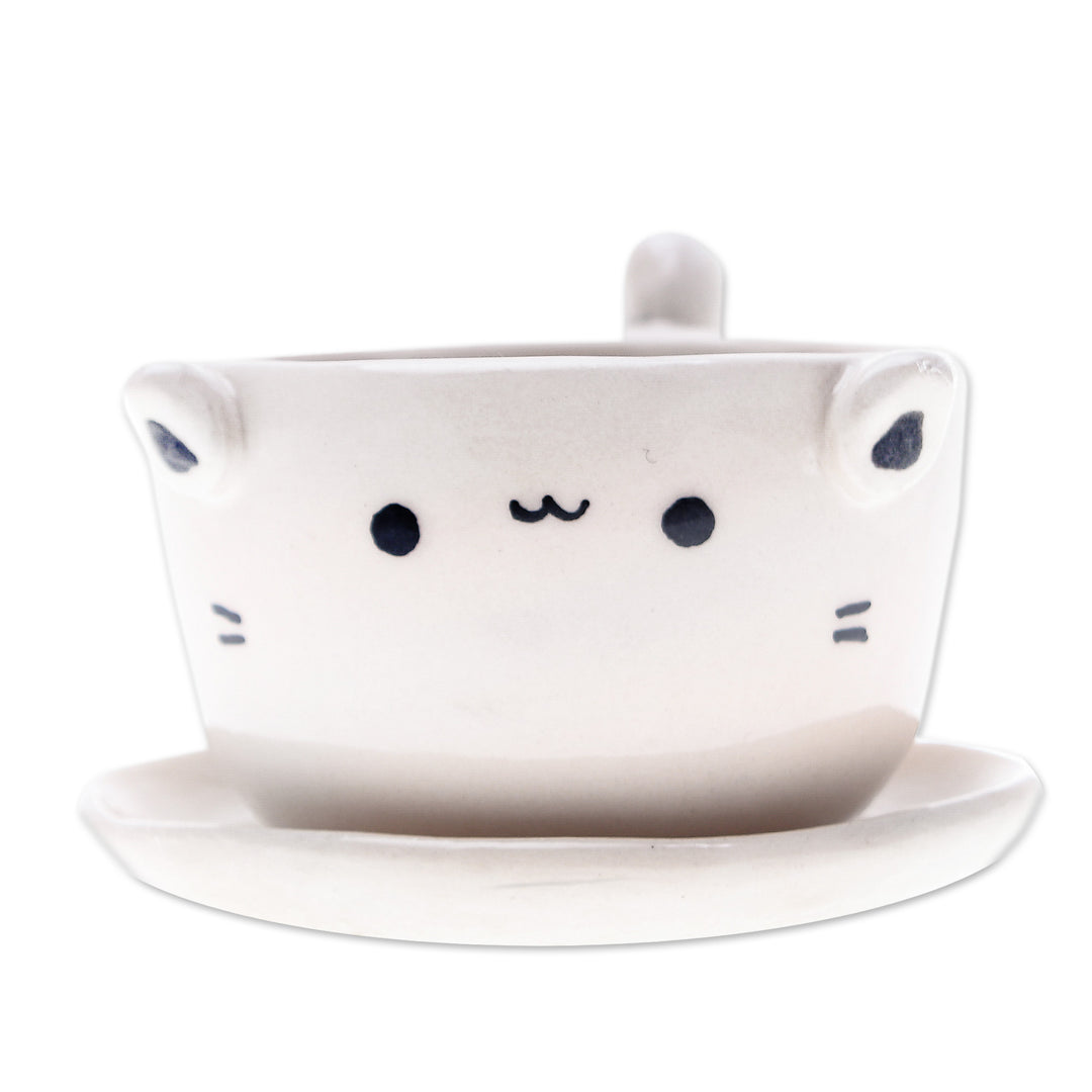 Handcrafted Ivory Ceramic Cat Mini Flower Pot with Saucer - Kitty Grace