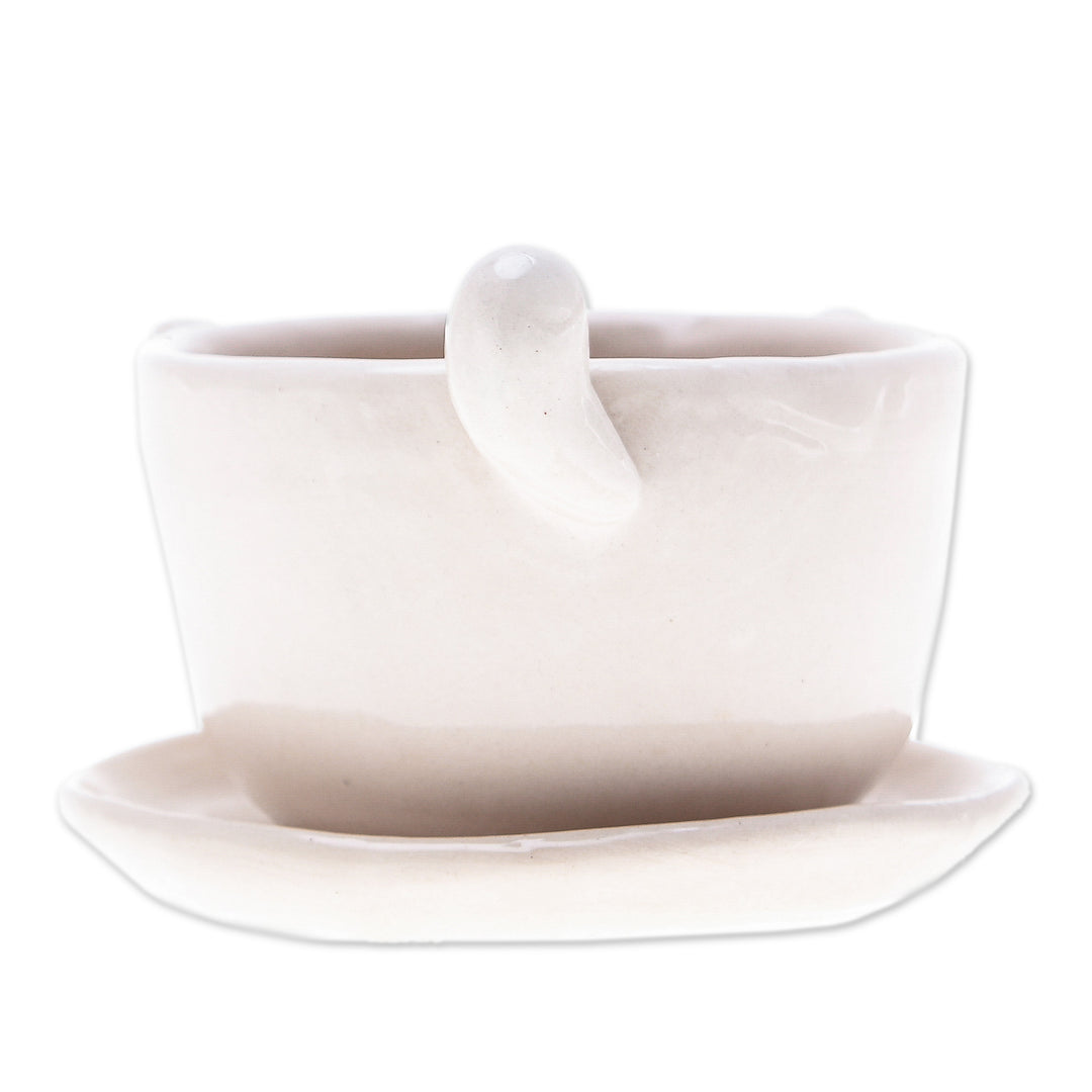 Handcrafted Ivory Ceramic Cat Mini Flower Pot with Saucer - Kitty Grace