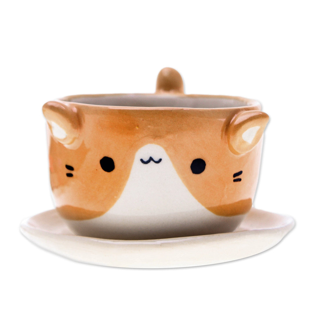 Ceramic Cat Mini Flower Pot with Saucer in Ivory and Orange - Kitty Energy