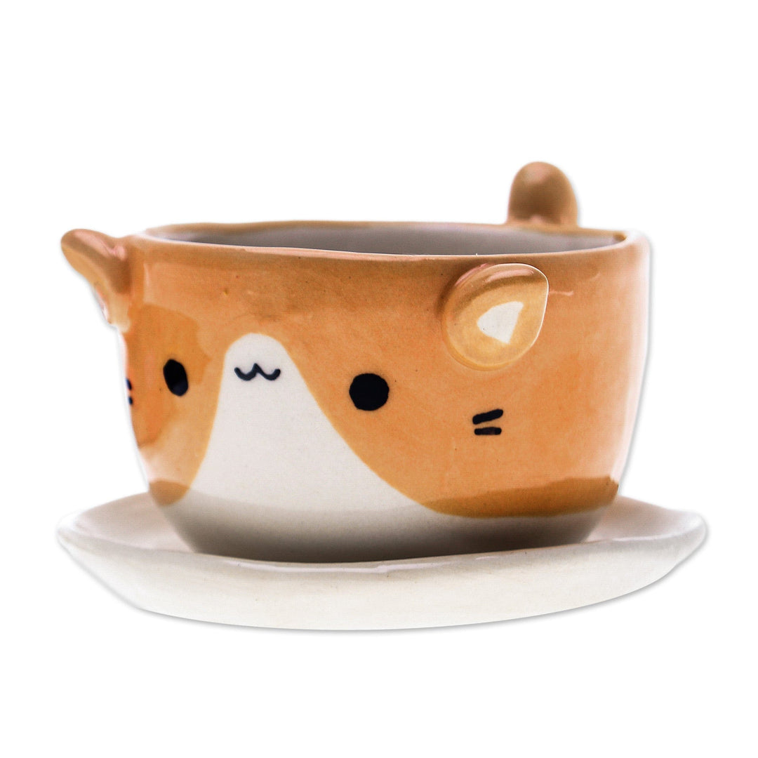 Ceramic Cat Mini Flower Pot with Saucer in Ivory and Orange - Kitty Energy