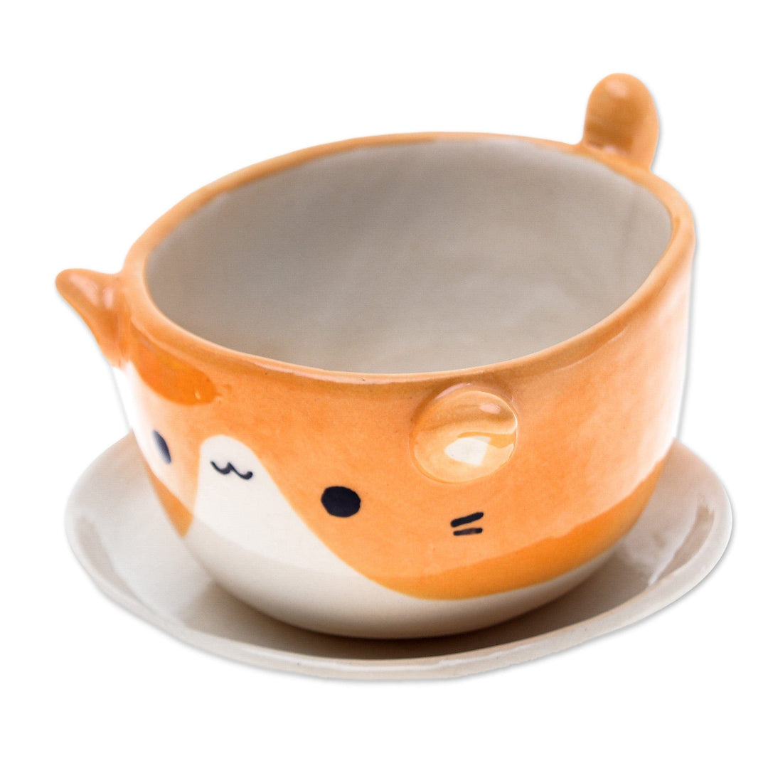 Ceramic Cat Mini Flower Pot with Saucer in Ivory and Orange - Kitty Energy