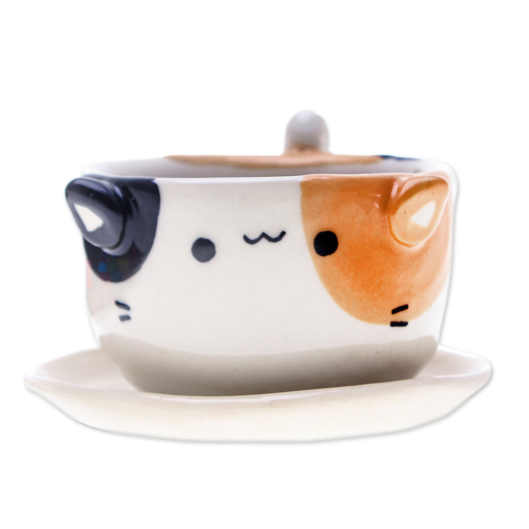 Ivory Orange Black Ceramic Cat Mini Flower Pot with Saucer - Kitty Fascination