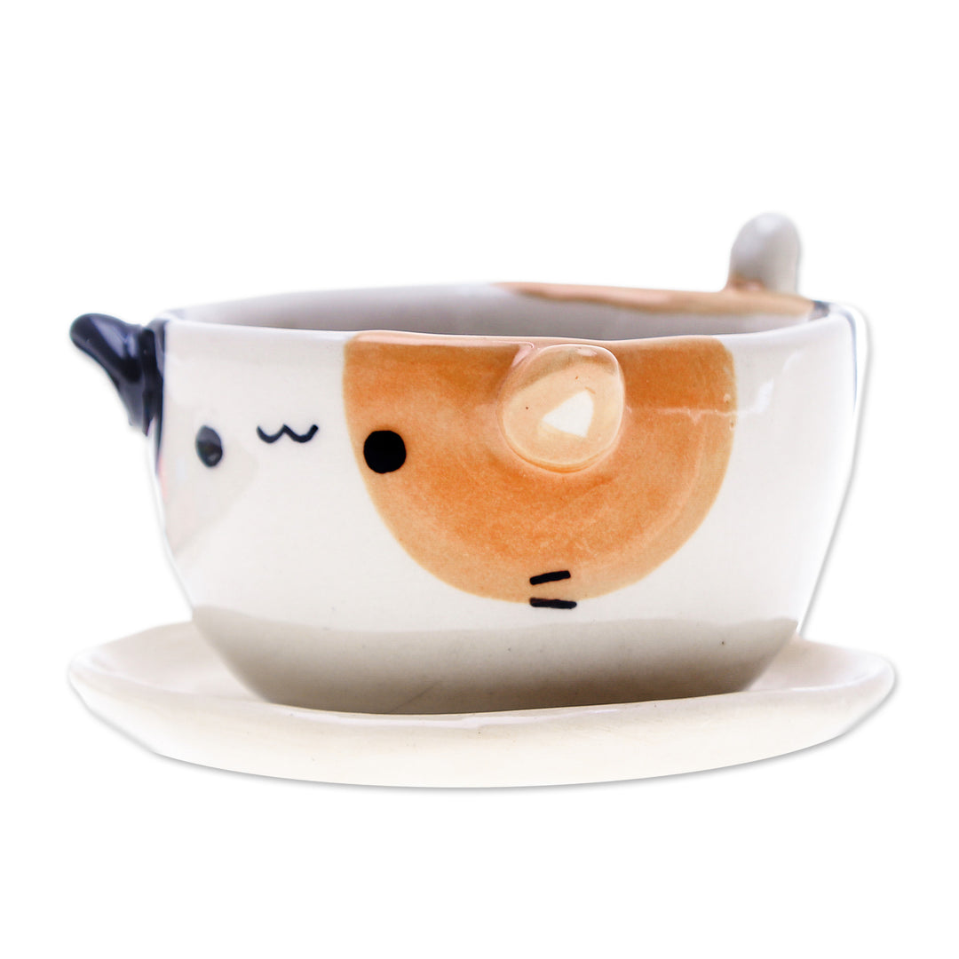 Ivory Orange Black Ceramic Cat Mini Flower Pot with Saucer - Kitty Fascination