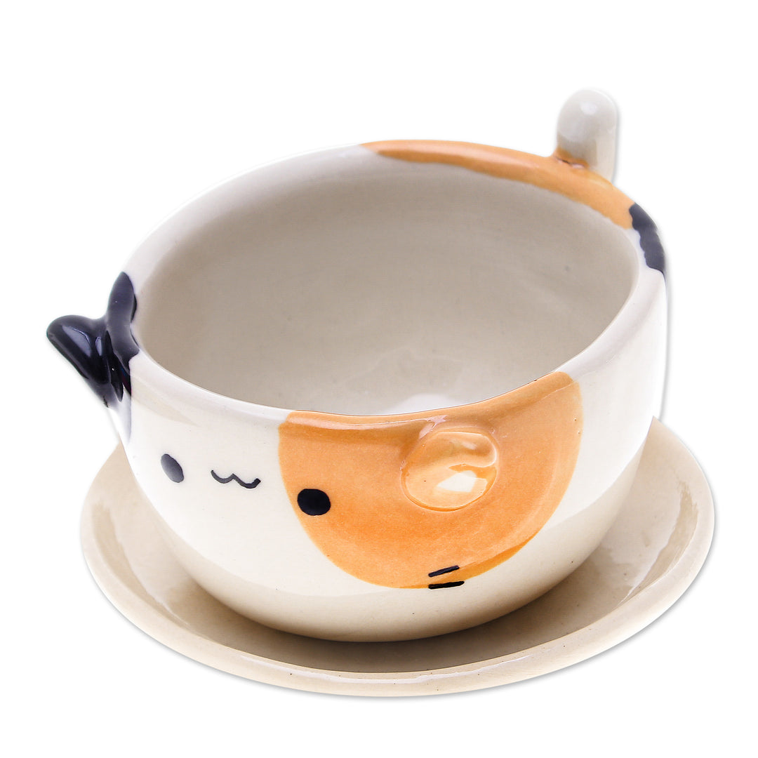 Ivory Orange Black Ceramic Cat Mini Flower Pot with Saucer - Kitty Fascination