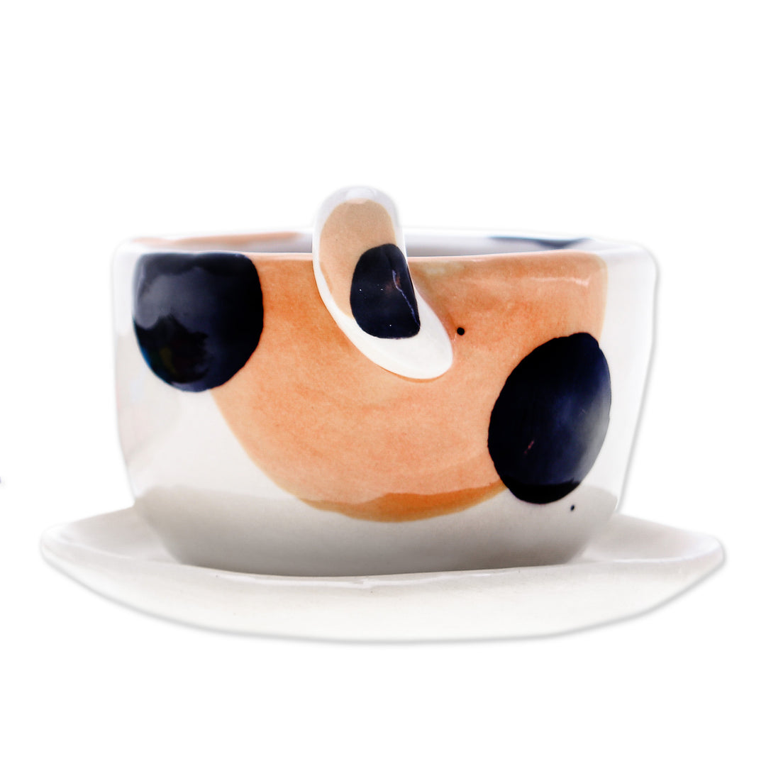 Ivory Orange Black Ceramic Cat Mini Flower Pot with Saucer - Kitty Fascination