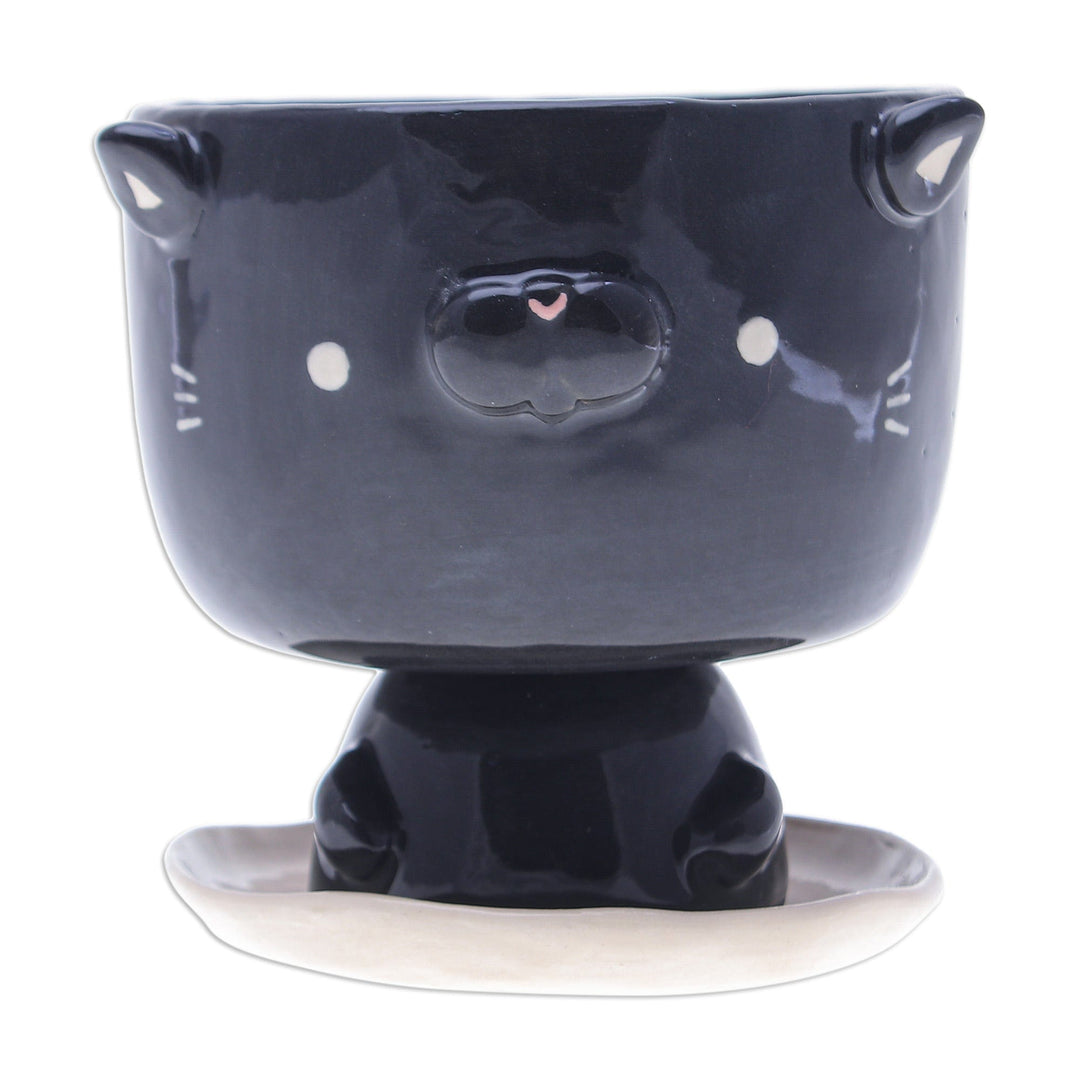 Cat-Shaped Black Ivory Ceramic Mini Flower Pot with Saucer - Midnight Kitty