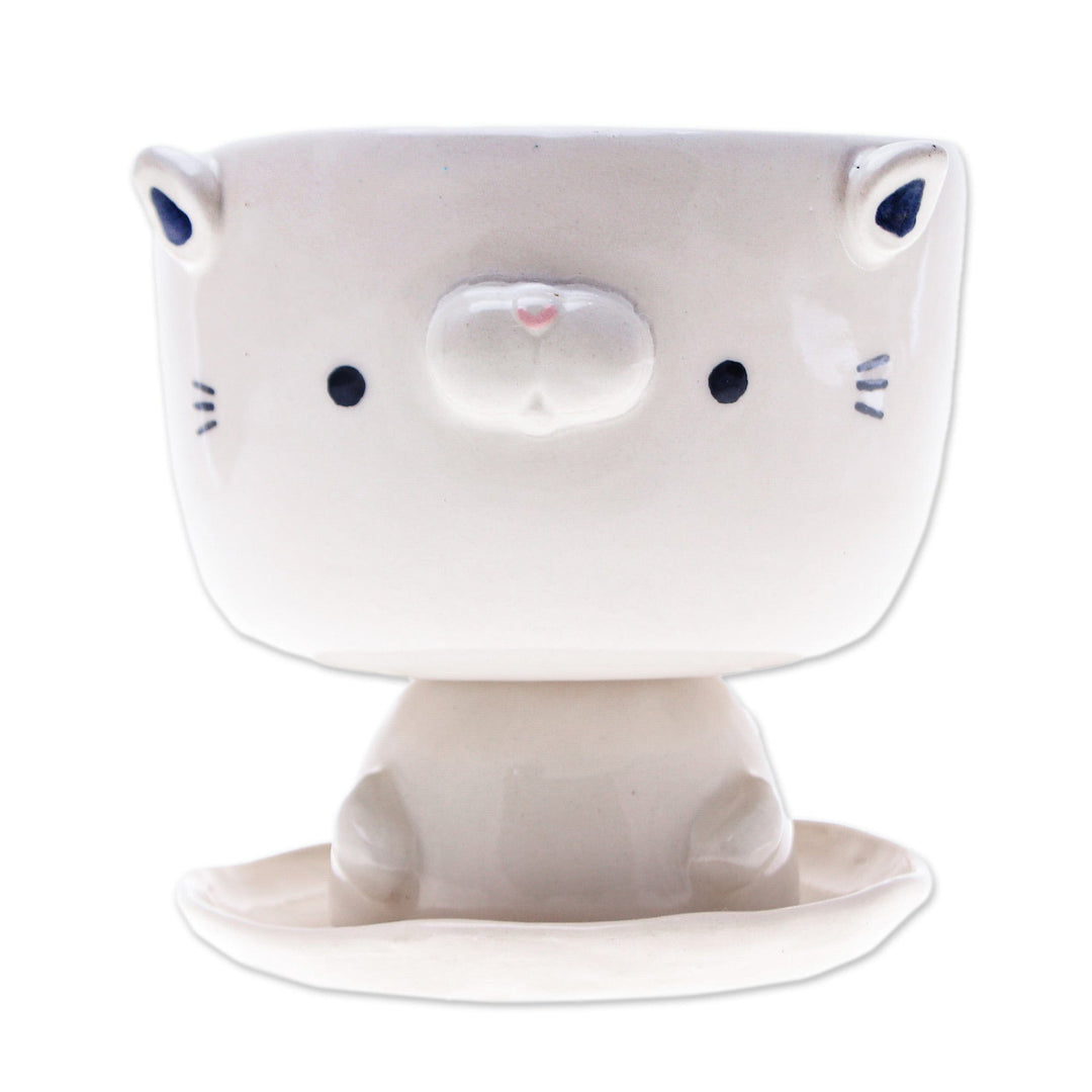 Cat-Shaped Ivory Ceramic Mini Flower Pot with Saucer - Endearing Kitty