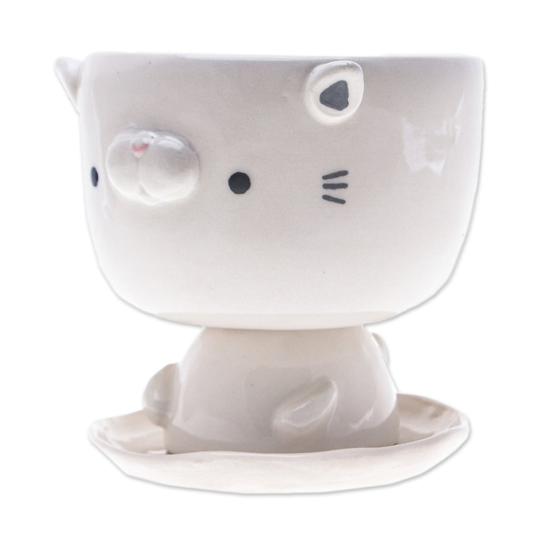 Cat-Shaped Ivory Ceramic Mini Flower Pot with Saucer - Endearing Kitty