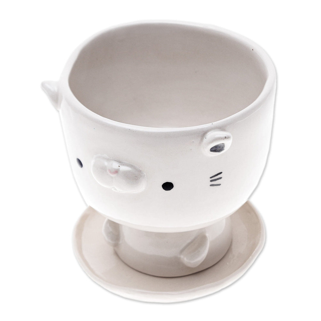 Cat-Shaped Ivory Ceramic Mini Flower Pot with Saucer - Endearing Kitty