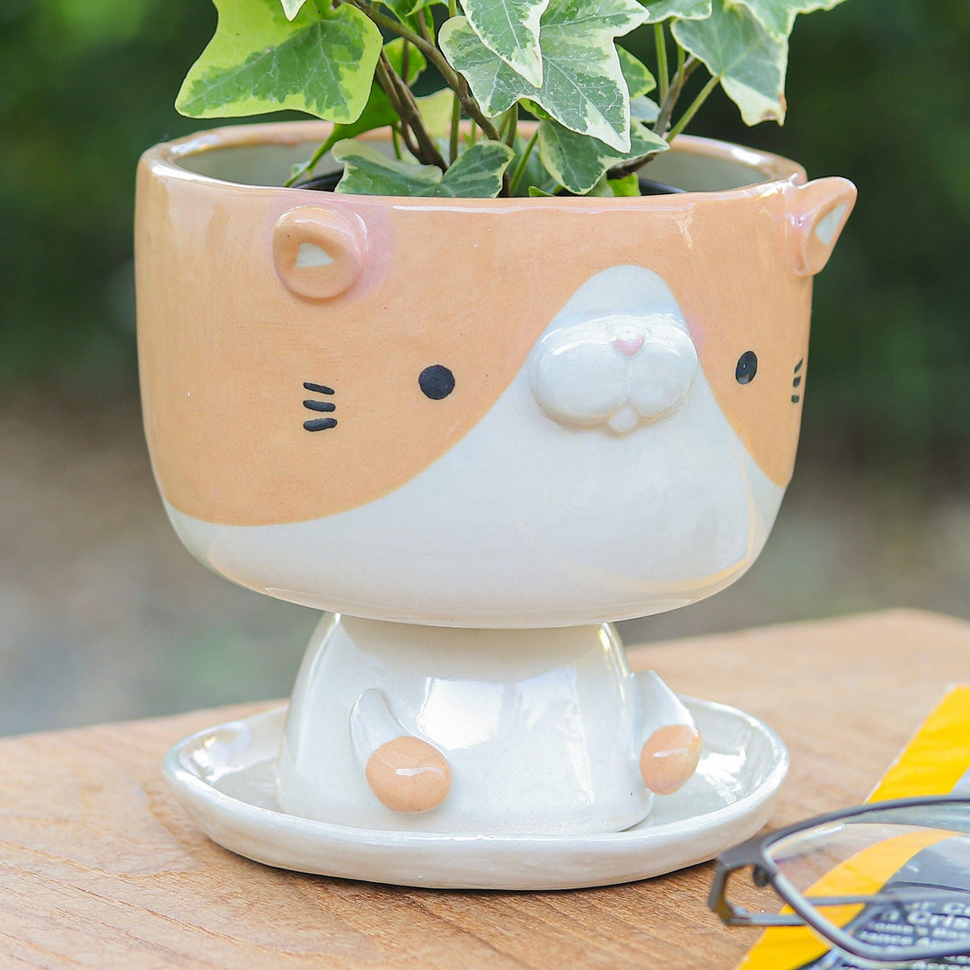 Cat-Shaped Ivory Orange Ceramic Mini Flower Pot with Saucer - Enchanting Kitty