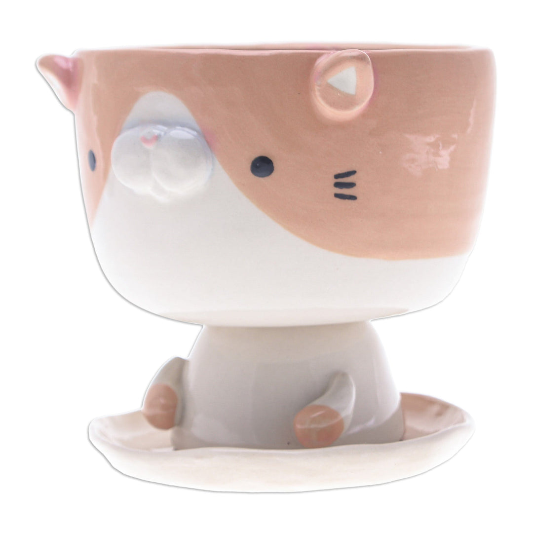 Cat-Shaped Ivory Orange Ceramic Mini Flower Pot with Saucer - Enchanting Kitty