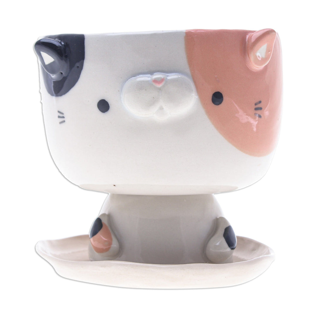 Handcrafted Cat-Shaped Ceramic Mini Flower Pot with Saucer - Sweet Kitty