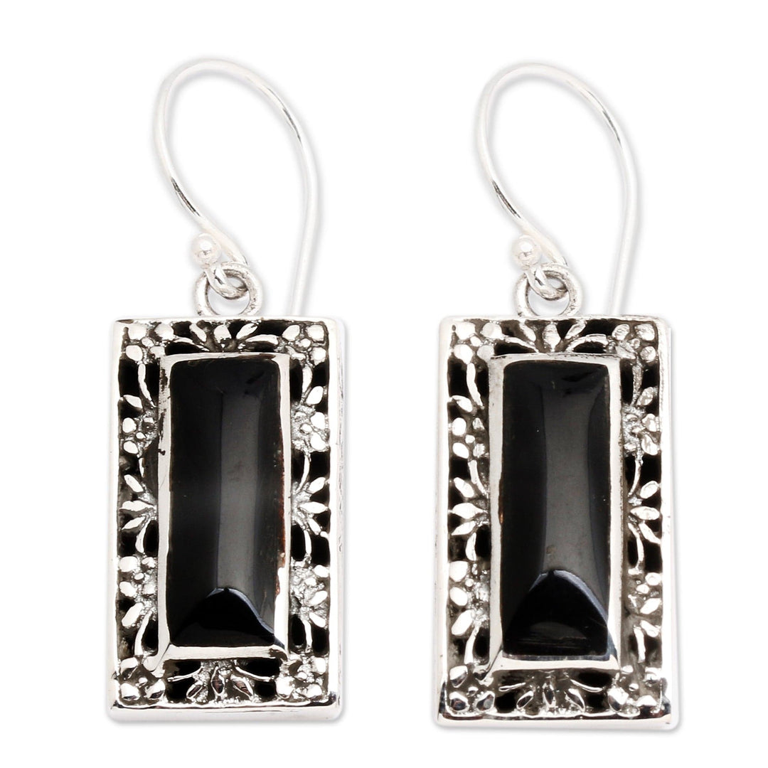 Floral Sterling Silver and Black Resin Dangle Earrings - Night Mirror