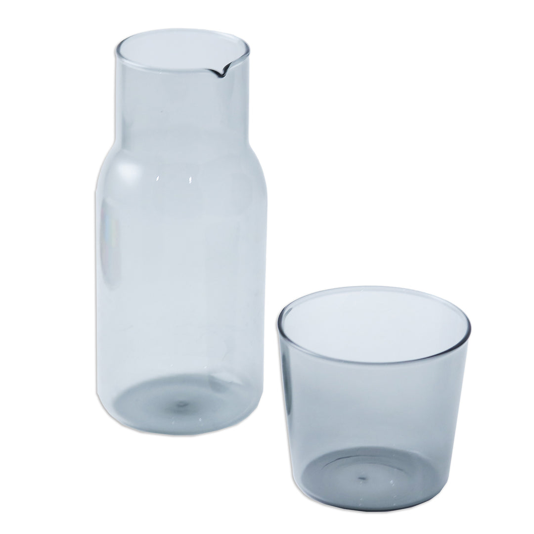 Handblown Clear Black Pitcher and Rocks Glass Set - Misty Elixir