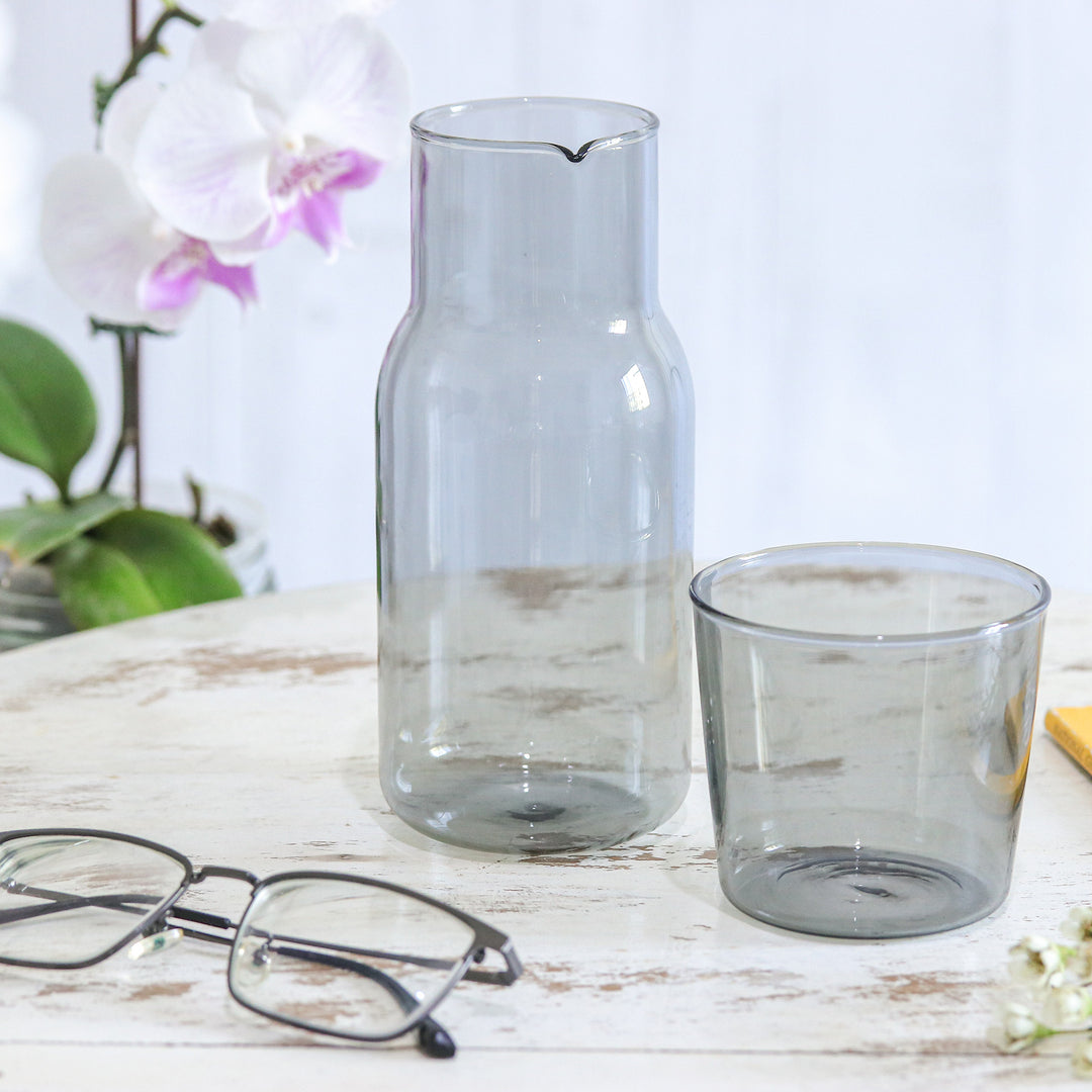 Handblown Clear Black Pitcher and Rocks Glass Set - Misty Elixir