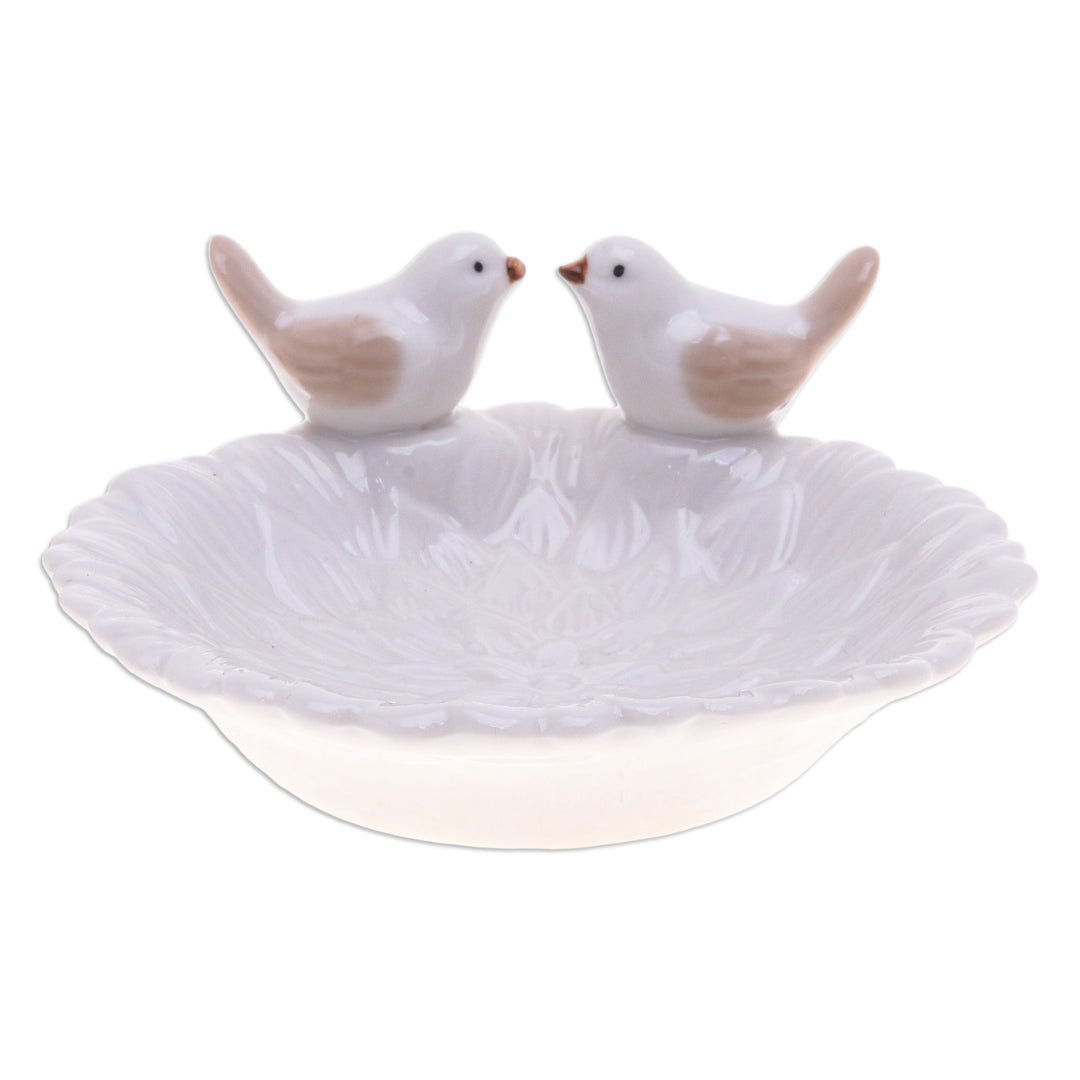 Handcrafted Bird-Themed Floral White Ceramic Catchall - Bird's Peace