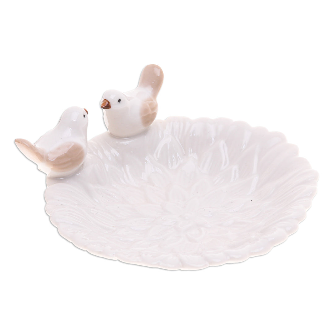 Handcrafted Bird-Themed Floral White Ceramic Catchall - Bird's Peace