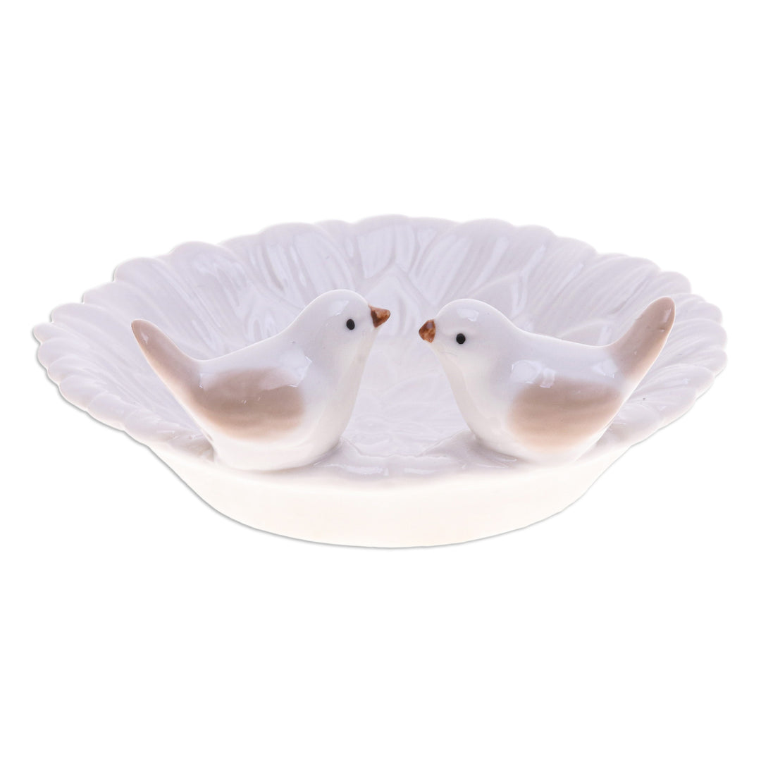 Handcrafted Bird-Themed Floral White Ceramic Catchall - Bird's Peace