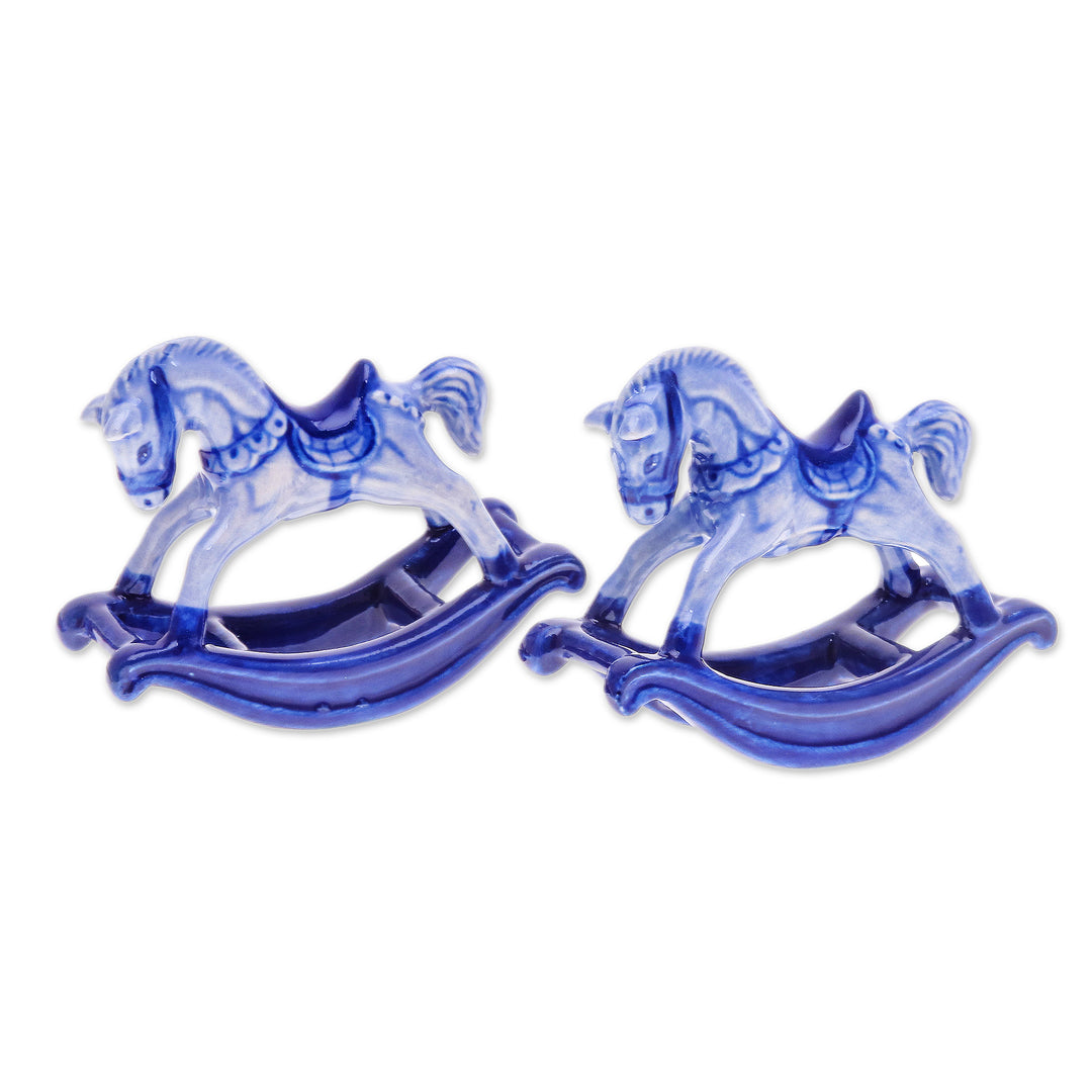 Blue and White Rocking Horse Ceramic Figurines (Pair) - Blue Amusement